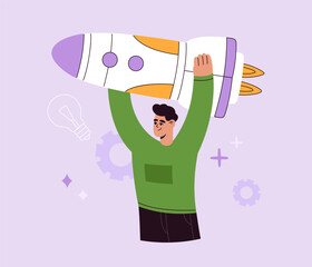 Man holding spaceship. Startup concept. New business launching. Project promotion, management and marketing. Business development. Vector illustration isolated on background, flat cartoon style.