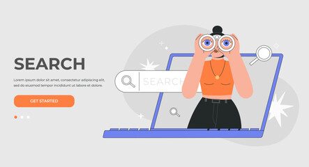 Woman with binocular in computer screen. Hiring concept. Hr manager searching new candidates for job vacancy. Landing page template.Vector illustration isolated on background, modern flat style