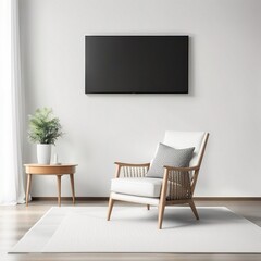 Mockup a TV wall mounted with armchair in living room with a white wall, Generative AI