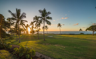 Sunset on geen no. 14 on Kona Country Club golf course, Hawaii Island, USA