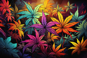 cannabis marijuana leaves on bright rainbow hallucinogenic neon psychedelic background - obrazy, fototapety, plakaty