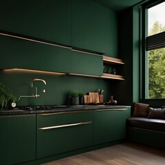 Luxury kitchen room corner design with dark green wall, Generative AI