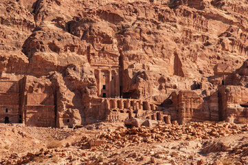 Byzantine Church carved into sandy rocks in 5th or 6th century after earthquake in Petra. Rocky...