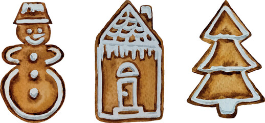 Fototapeta na wymiar Vector Christmas gingerbread cookies with white icing with the shape of snowman and Christmas tree house white background watercolor drawing
