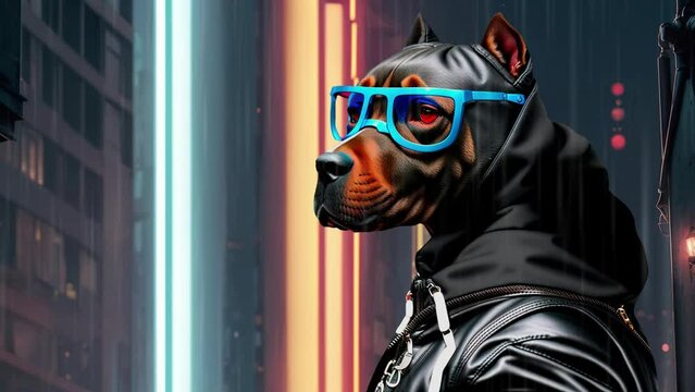 Cool swag dog in tracksuit and trendy blue glasses. Video futage for fashion videos. Street style clothes - street wear concept