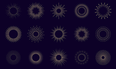 Sun ray set. Sunburst minimalistic collection. Vector sparkle ray. Decorative line sunlight. dark background.