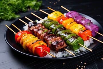 Grilled kabob with rice on a plate