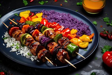 Grilled kabob with rice on a plate