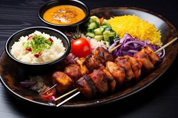 Rice and chicken skewers with condiments on a plate in a restaurant