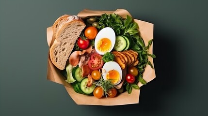 Whole wheat bread, rice, eggs, meat, veggies, fresh fruit and salad in paper bag - obrazy, fototapety, plakaty