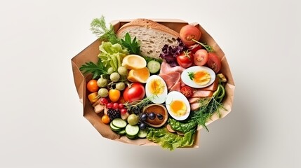Whole wheat bread, rice, eggs, meat, veggies, fresh fruit and salad in paper bag