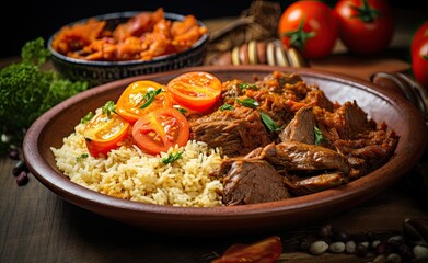 Dish with meat, tomatoes and rice