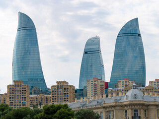 Flame Towers seen from downtown Baku, Azerbaijan on a cloudy afternoon - Close-up shot
