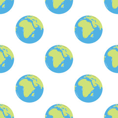 Vector seamless pattern with earth globe in green and blue colors. Planet Earth on white background. Ecology design.