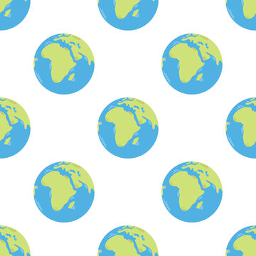 Vector seamless pattern with earth globe in green and blue colors. Planet Earth on white background. Ecology design.