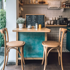 Chair and turquoise mug in green cafe with counter
