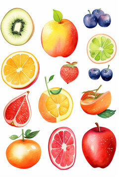 fruit set collection watercolor clipart cute isolated on white background