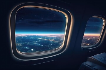 Nighttime City View From Airplane Window With Empty Space