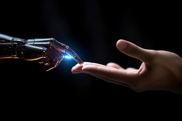 Human Meets Machine: A Tender Connection as a Human Finger Gently Touches the Metallic Finger of a Robot, Signifying Harmonious Coexistence with AI Technology - obrazy, fototapety, plakaty