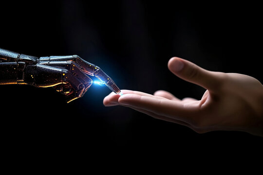 Human Meets Machine: A Tender Connection as a Human Finger Gently Touches the Metallic Finger of a Robot, Signifying Harmonious Coexistence with AI Technology