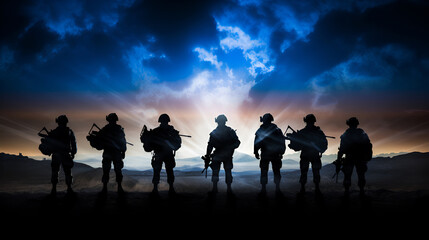Fototapeta na wymiar Eight military silhouettes against the background of a sunset sky in blue and the rays of the sun with copy space. Military service concept