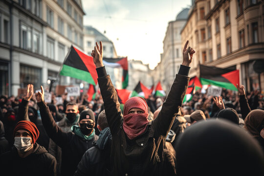 Palestinian protests. Palestinian march on the streets of a European city