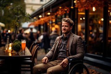 A young man on a wheelchair sitting outside drinking a beer.