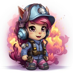 Unicorn Firefighter With Rainbow,Cartoon Illustration, For Printing