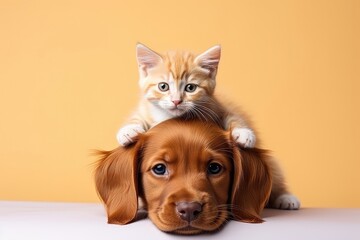 Redhaired Puppies Pose With Cat On Dogs Head