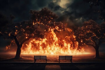 Scifi Style Fire Engulfs Park, Benches In Flames