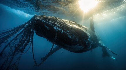 a whale entangled in fishing nets, worldwide ocean pollution - obrazy, fototapety, plakaty