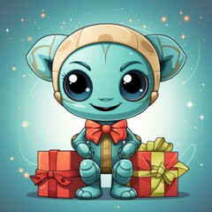 Alien Holding Gift BoxIcon ,Cartoon Illustration, For Printing