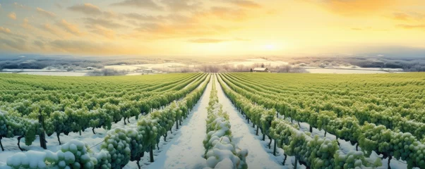 Foto op Plexiglas Wine grapes covered with snow on snowy vineyard after cold autumn season, panorama. Generative Ai © annamaria