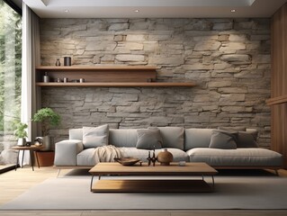 A living room with stone wall cladding front view. Generative AI.
