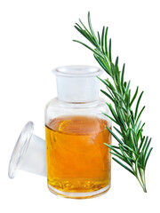 Rosemary and bottle of oil isolated on white background