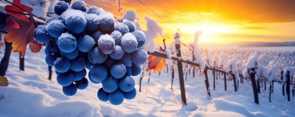 Wine grapes covered with snow on snowy vineyard after cold autumn season, panorama. Generative Ai