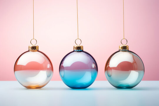 Elegant glass New Year ornaments in hues of blue orange and green glisten on light pink background. Winter holidays concept