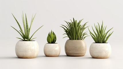 Fototapeta premium Beautiful plants in ceramic pots isolated on transparent background. 3D rendering. 3D illustration