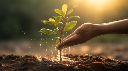 close up two hands holding water and watering young tree to growing up in park in sunset - obrazy, fototapety, plakaty
