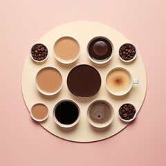 Coffee cups with coffee beans on pink background, top view