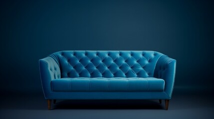 Stylish blue fabric sofa with wooden legs on blue background with shadow Fashionable comfortable single piece of furniture Blue interior showroom Vilyura velvet sofa Luxury couch front view