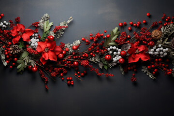 Festive garland border with red poinsettia flowers berries and evergreen leaves on dark backdrop. Christmas holiday decoration concept