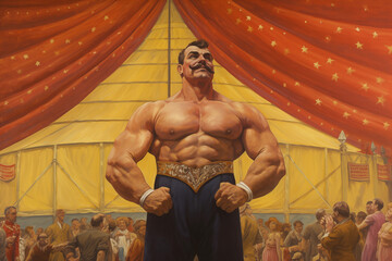 bodybuilder strongman vintage circus painting - obrazy, fototapety, plakaty