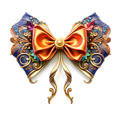 Beautiful illustration of a colorful fantasy style bow tie. Ornate butterfly neck tie with golden floral ornaments isolated on white background.