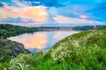 View of Dnieper river and Dniproges hydroelectric dam from Khortytsia island, Zaporizhzhia, Ukraine