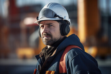 Obraz premium Portrait of man, oil gas refinery industry factory worker