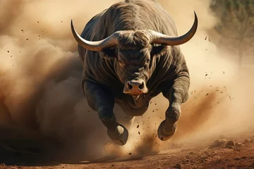 Foto auf Acrylglas Antireflex Angry big bull charge, bull attack, generated by AI © emilio100