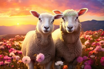 Sheep animal in the nice green and healthy landscape high in mountains. Generative Ai