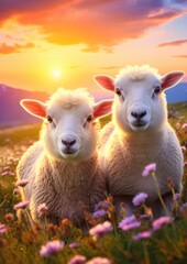 Fototapeta premium Sheep animal in the nice green and healthy landscape high in mountains. Generative Ai
