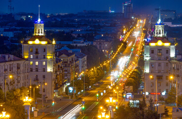 Evening view of Soborniy (Lenin) avenue - the central street of Zaporizhzhia, Ukraine